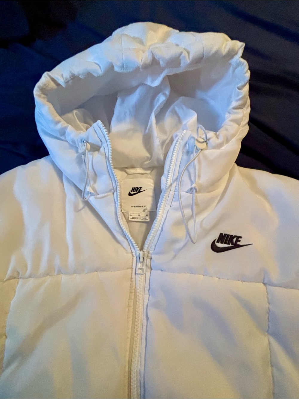 Nike women’s White Hooded Puffer Jacket with Black Logo
